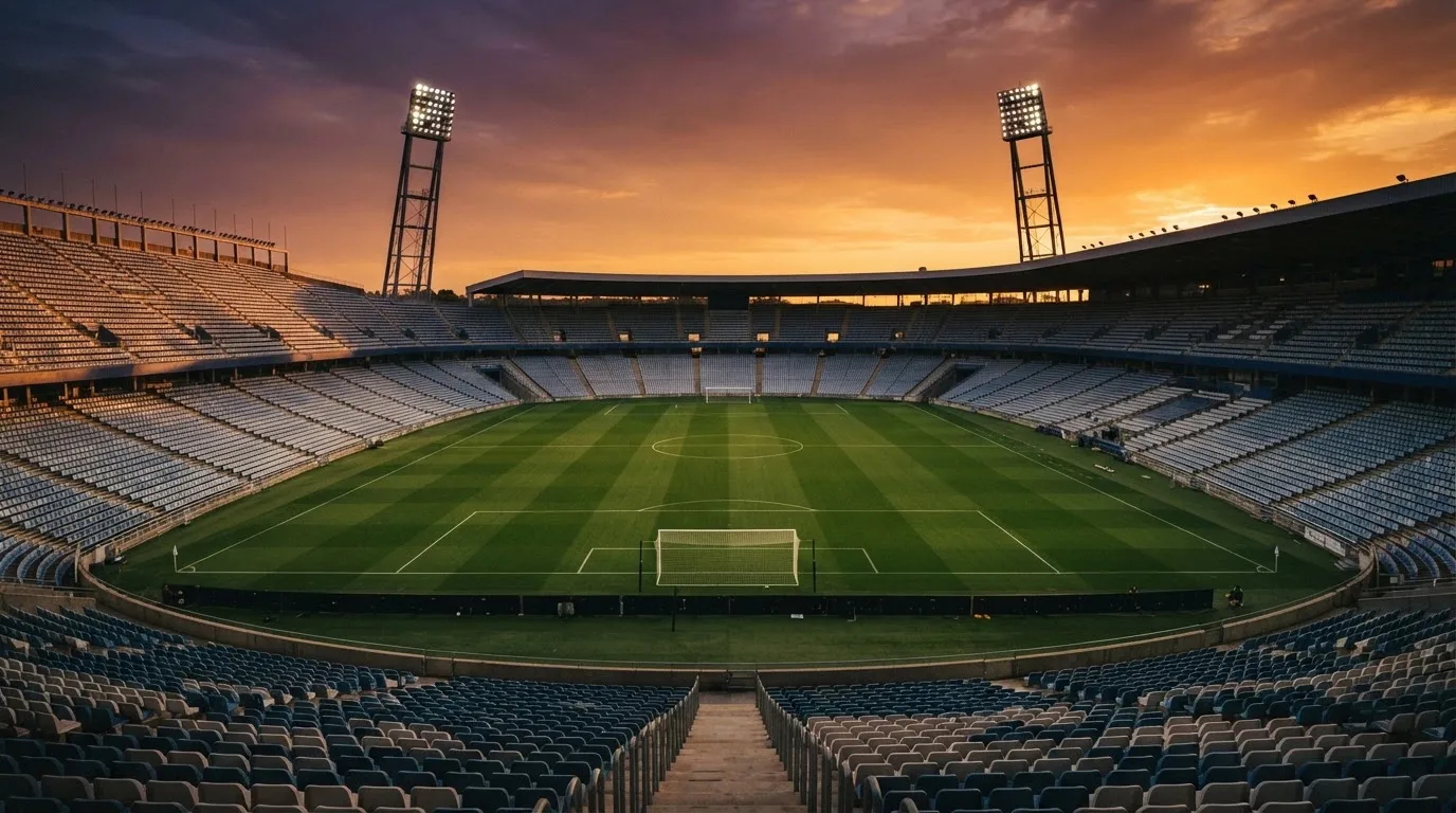 Un estadio de fútbol vacío con torres de iluminación al atardecer
