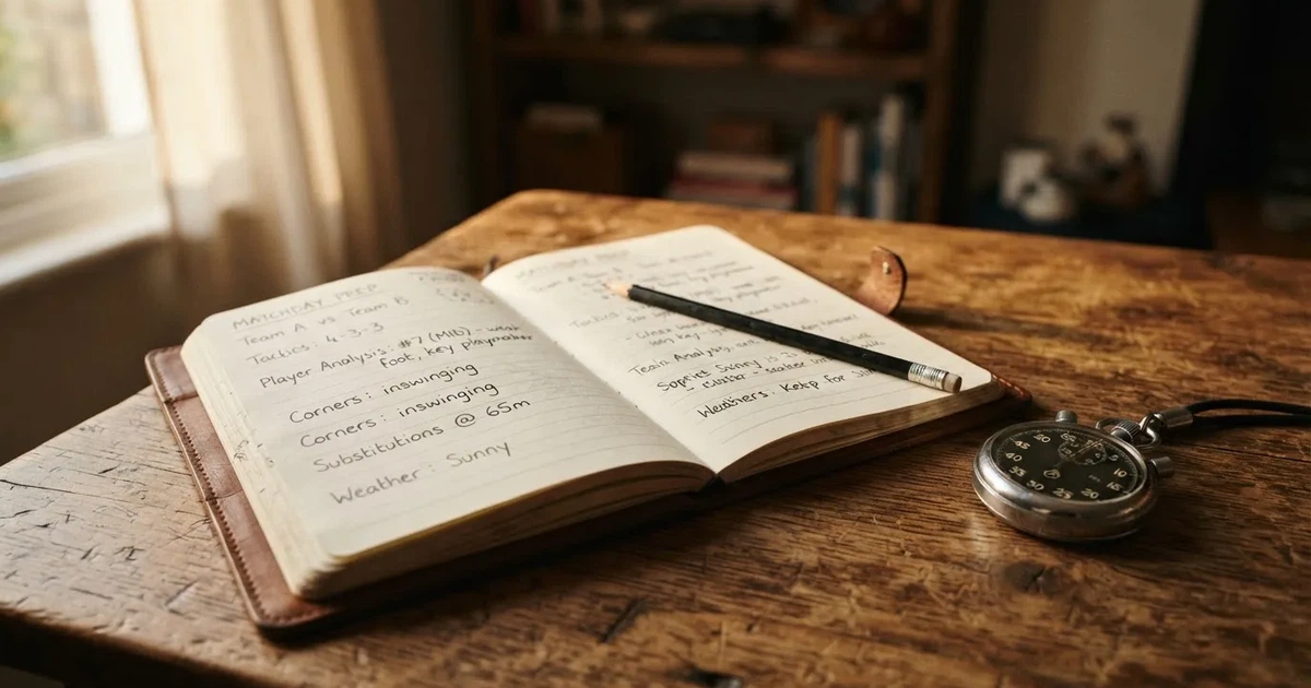 Un cuaderno abierto con un lápiz y un cronómetro sobre una mesa de madera