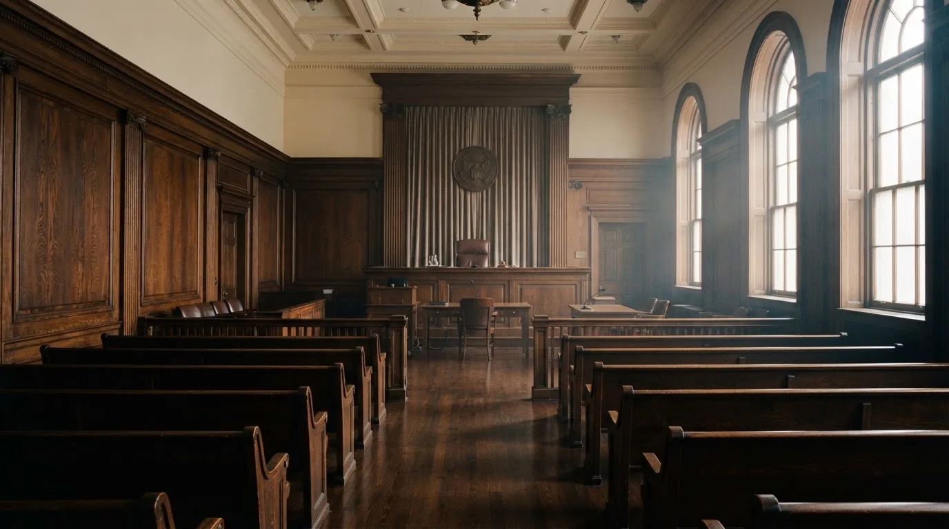 Una sala de tribunal vacía con bancos de madera a la luz de la mañana