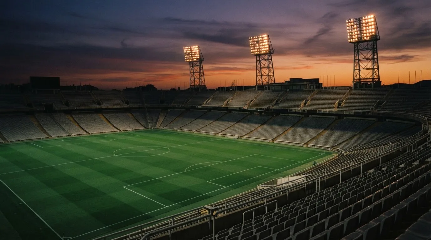 Un estadio de fútbol vacío con torres de iluminación al atardecer