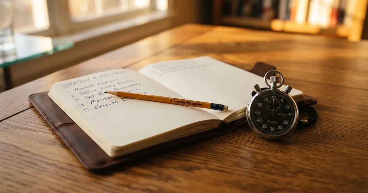 Un cuaderno abierto con un lápiz y un cronómetro sobre una mesa de madera