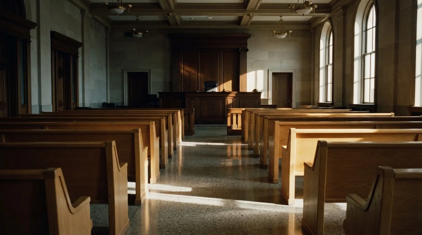 Una sala de tribunal vacía con bancos de madera a la luz de la mañana
