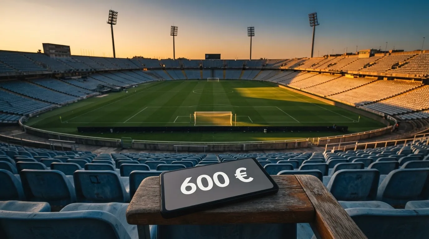 Un estadio de fútbol vacío con torres de iluminación al atardecer