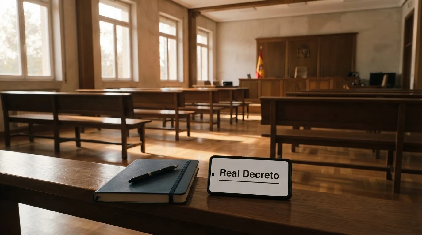Una sala de tribunal vacía con bancos de madera a la luz de la mañana