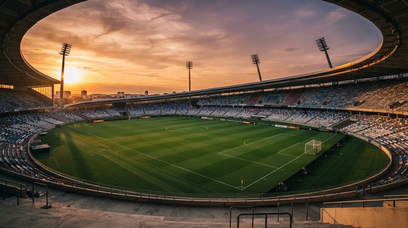 Un estadio de fútbol vacío con torres de iluminación al atardecer