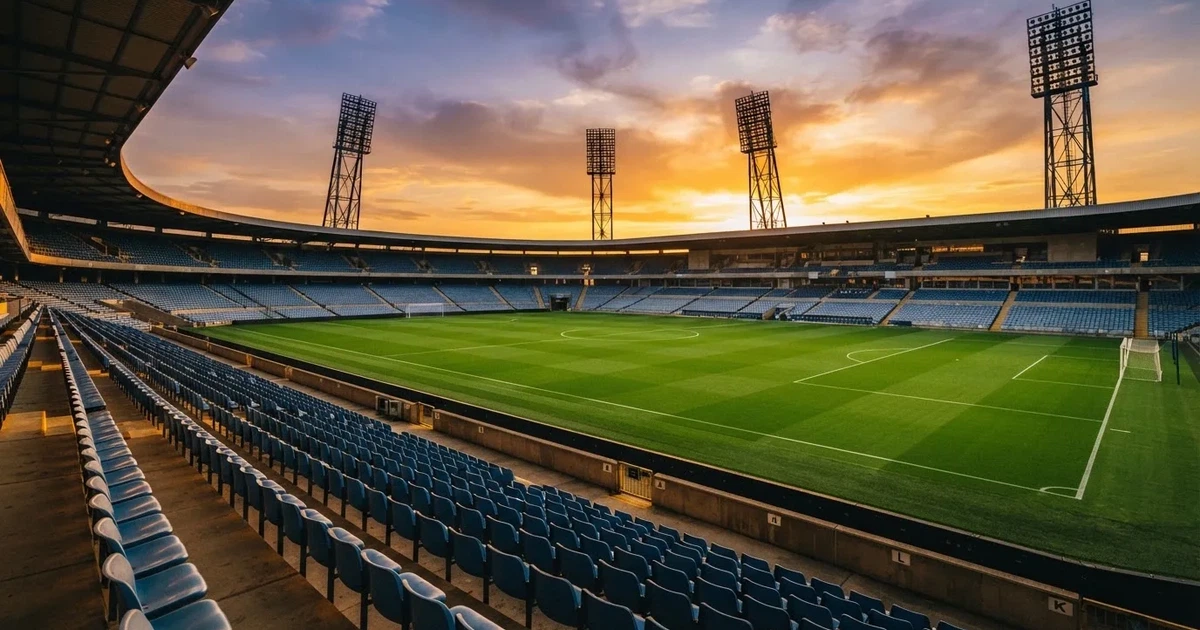 Un estadio de fútbol vacío con torres de iluminación al atardecer