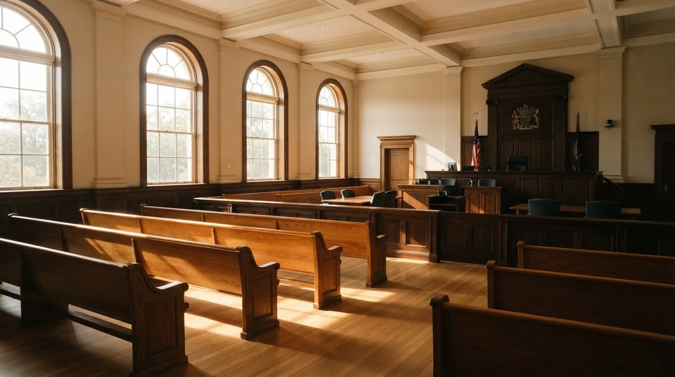 Una sala de tribunal vacía con bancos de madera a la luz de la mañana