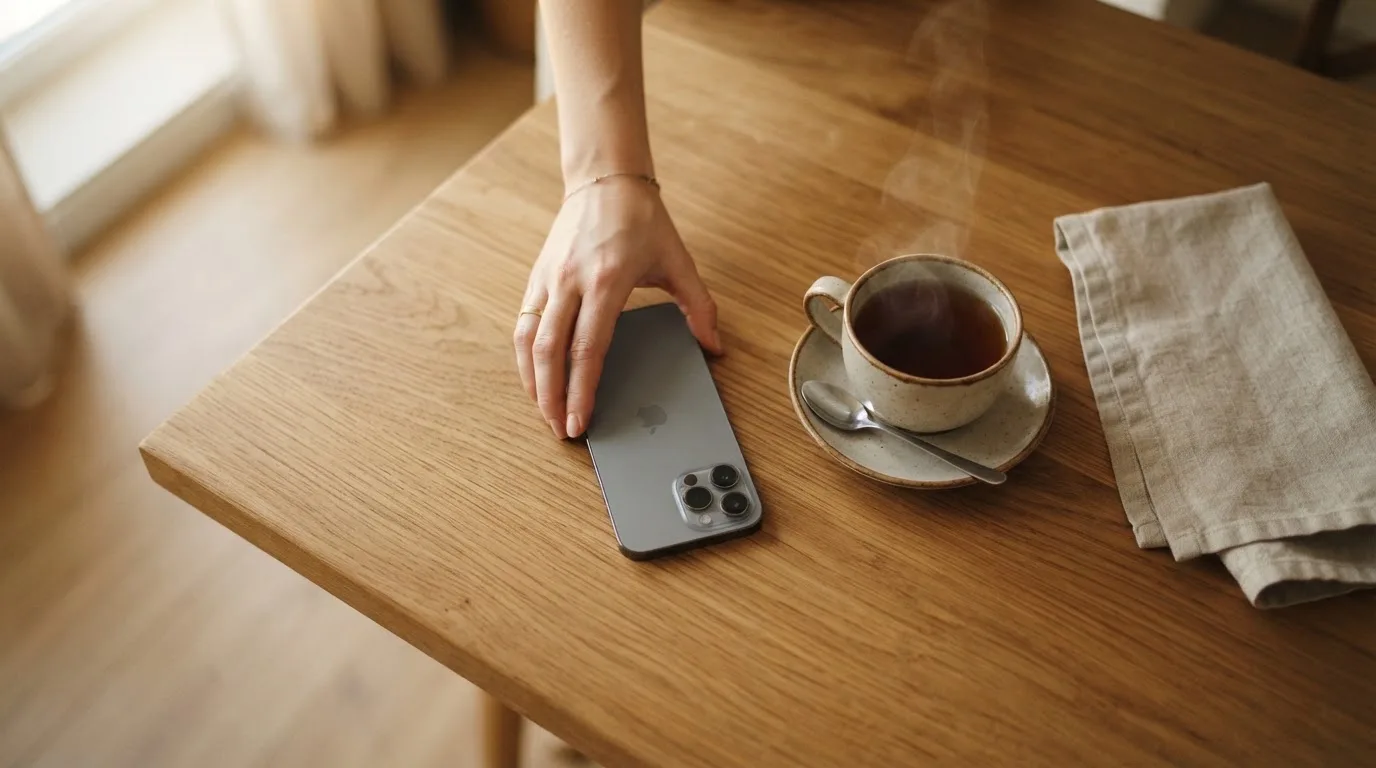 Una mano deja un móvil junto a una taza de té sobre la mesa de la cocina, una tarde tranquila