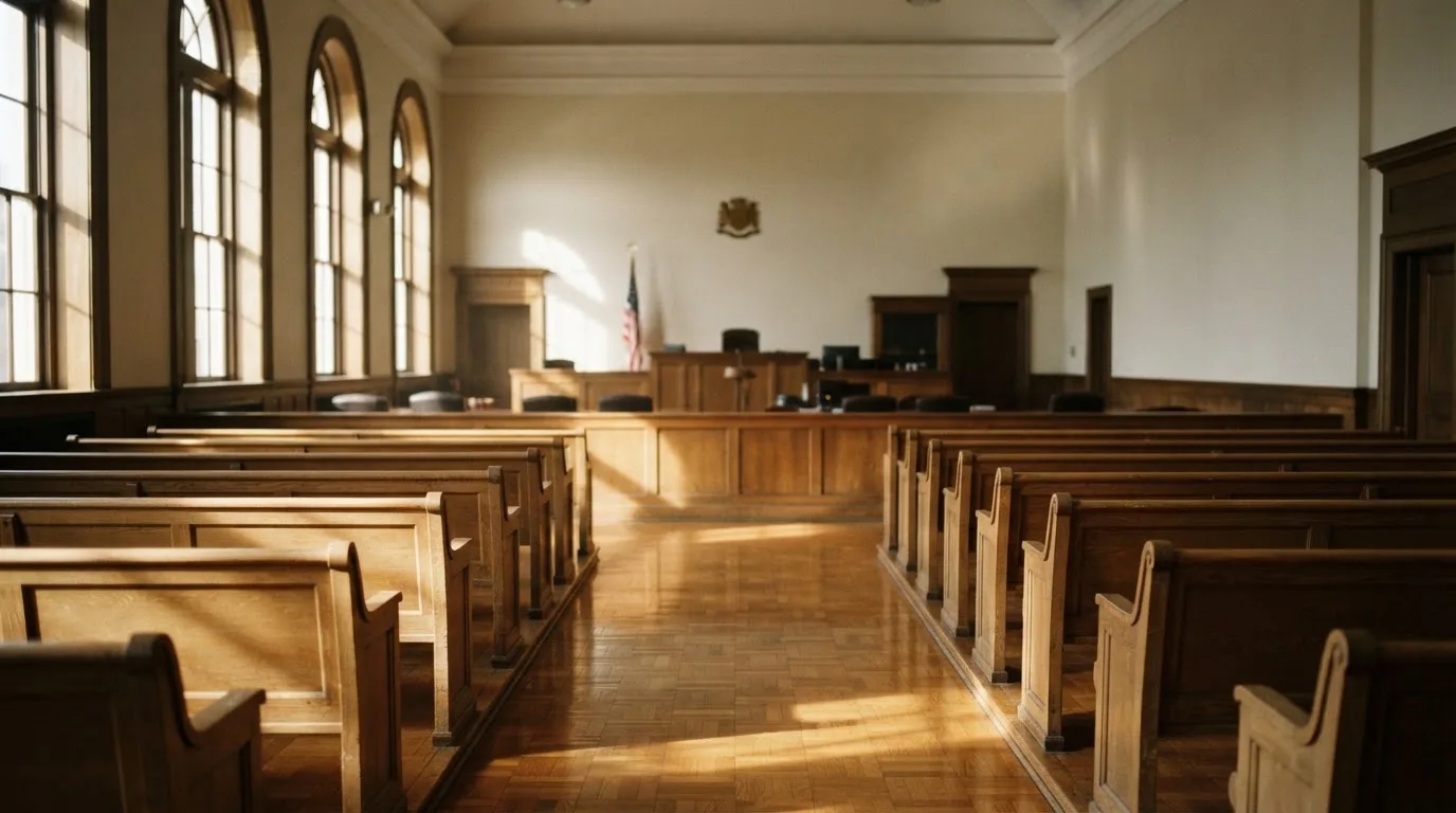 Una sala de tribunal vacía con bancos de madera a la luz de la mañana