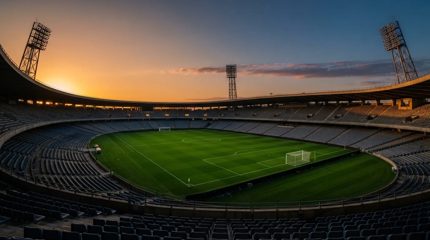 Un estadio de fútbol vacío con torres de iluminación al atardecer