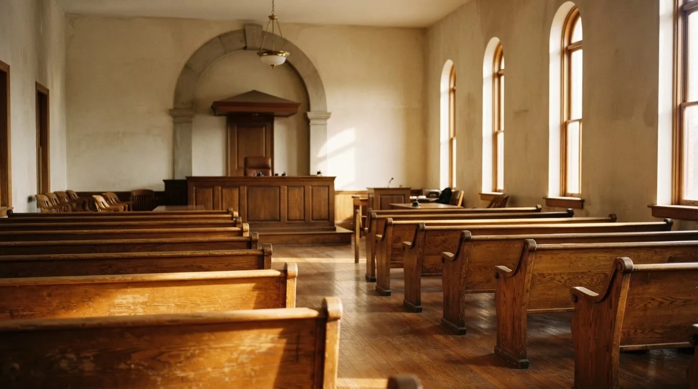 Una sala de tribunal vacía con bancos de madera a la luz de la mañana