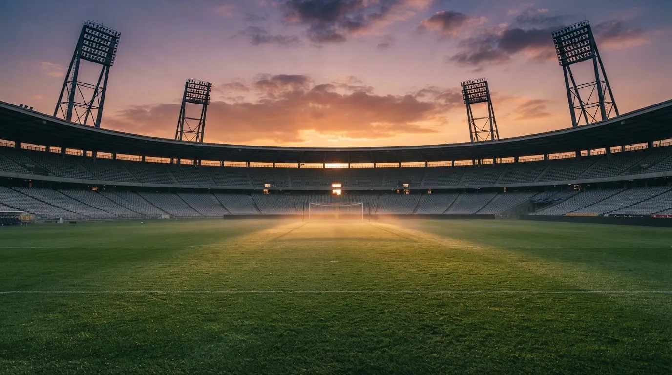 Un estadio de fútbol vacío con torres de iluminación al atardecer
