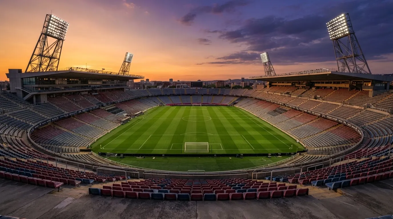 Un estadio de fútbol vacío con torres de iluminación al atardecer