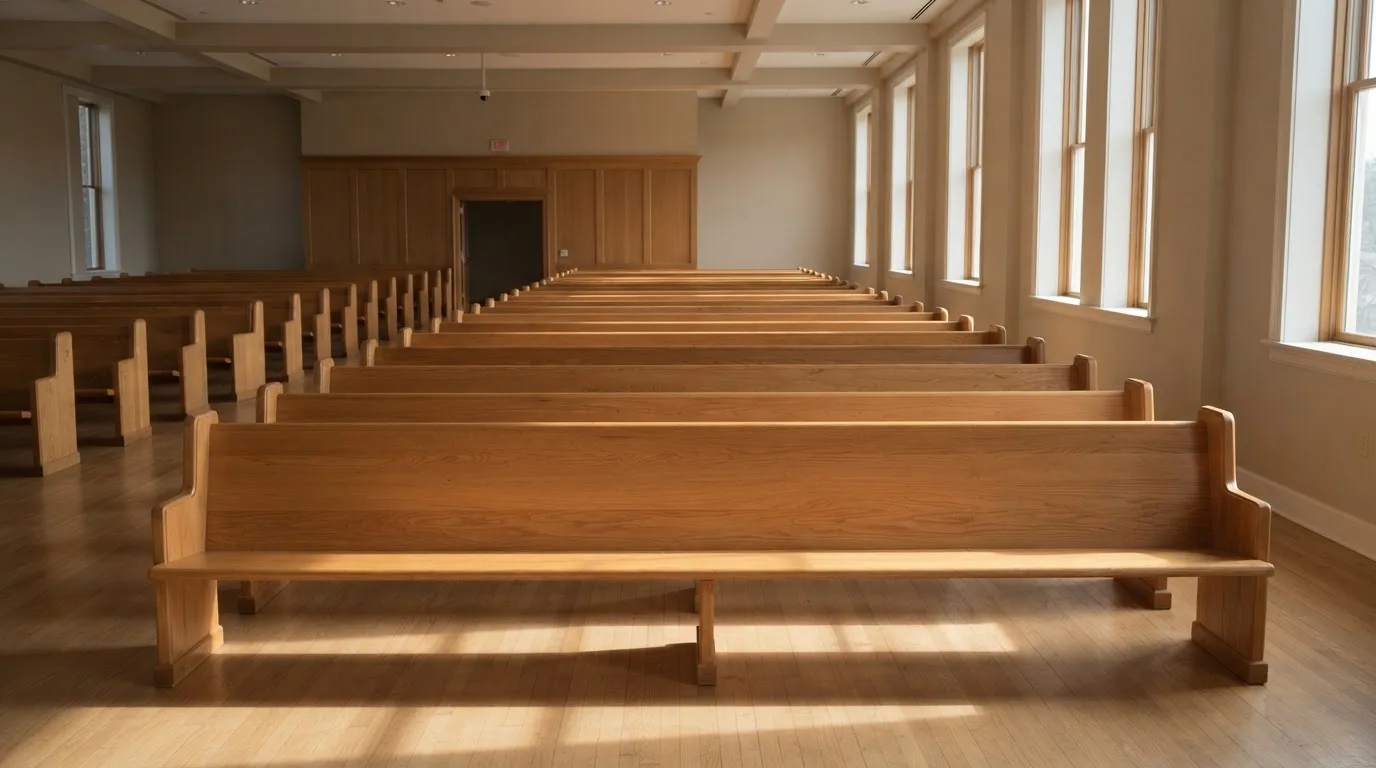 Una sala de tribunal vacía con bancos de madera a la luz de la mañana