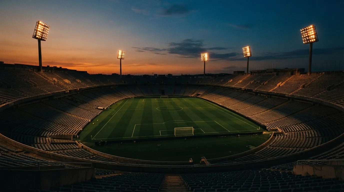 Un estadio de fútbol vacío con torres de iluminación al atardecer