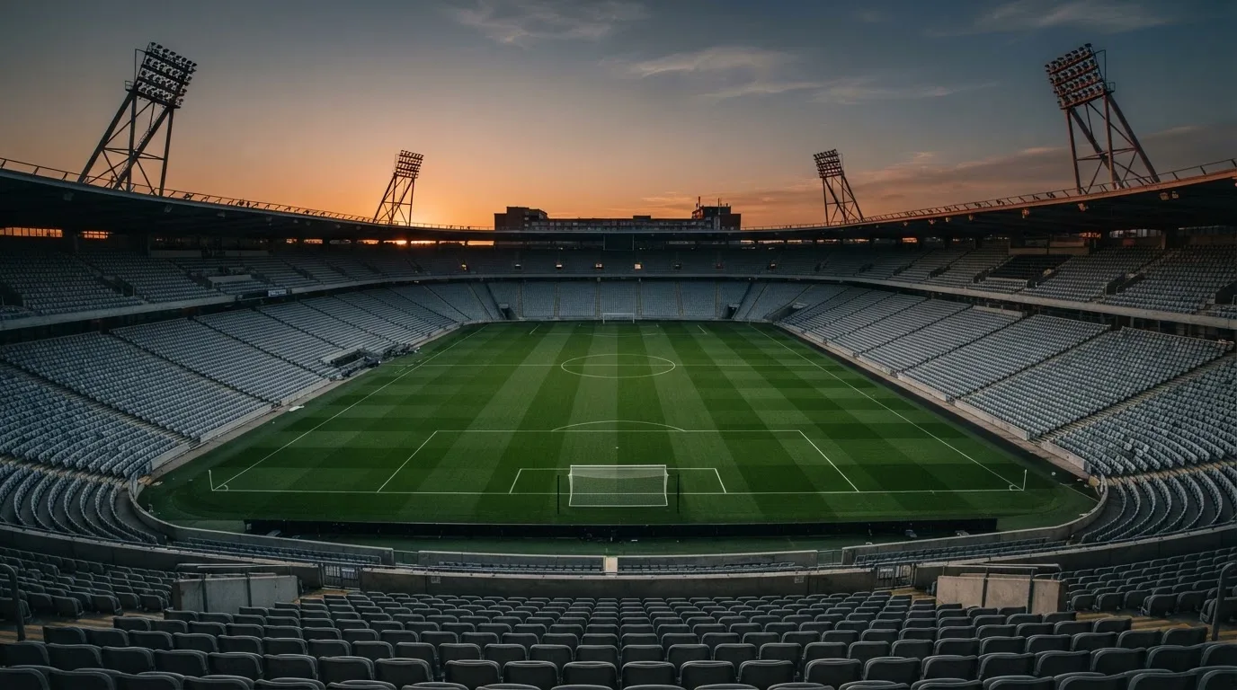 Un estadio de fútbol vacío con torres de iluminación al atardecer