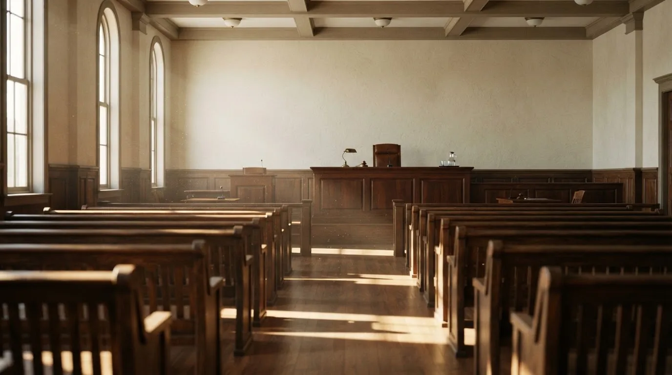 Una sala de tribunal vacía con bancos de madera a la luz de la mañana