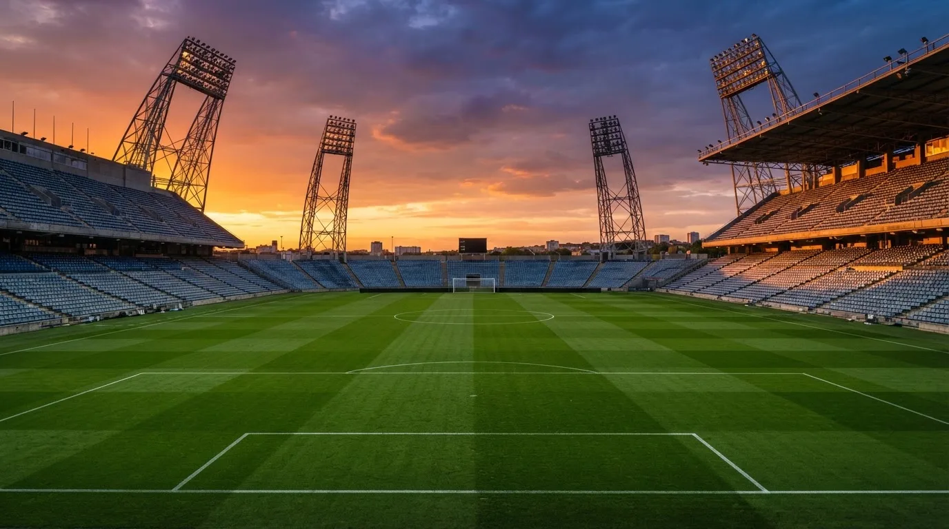 Un estadio de fútbol vacío con torres de iluminación al atardecer
