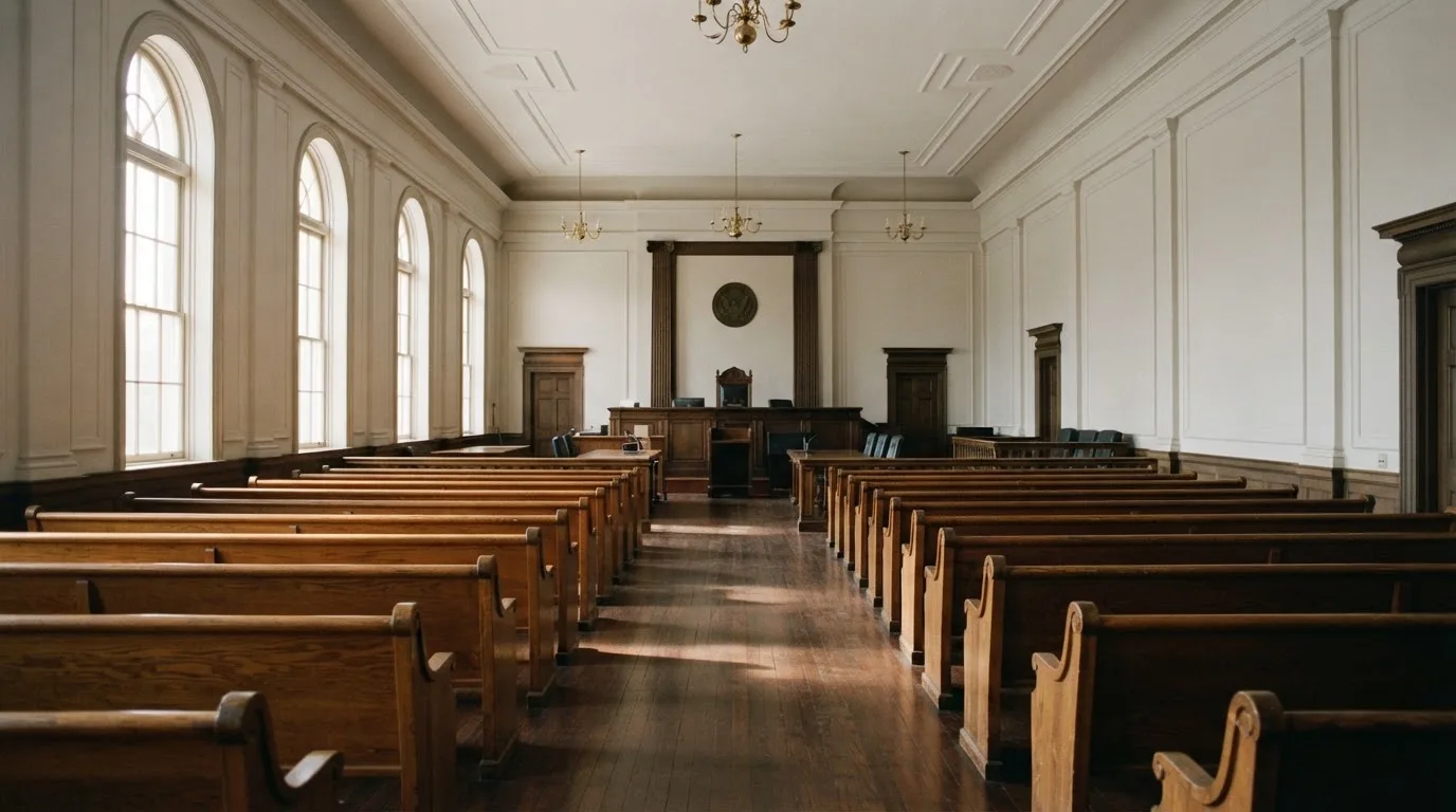 Una sala de tribunal vacía con bancos de madera a la luz de la mañana