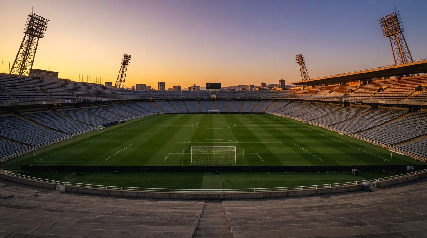 Un estadio de fútbol vacío con torres de iluminación al atardecer