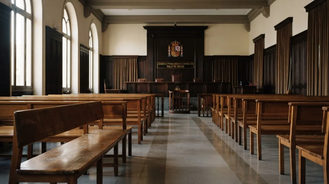 Una sala de tribunal vacía con bancos de madera a la luz de la mañana