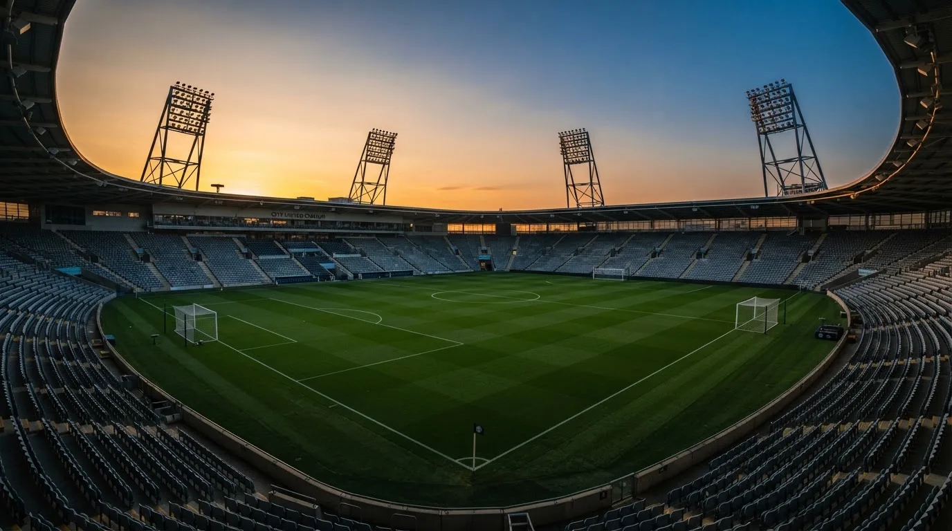Un estadio de fútbol vacío con torres de iluminación al atardecer