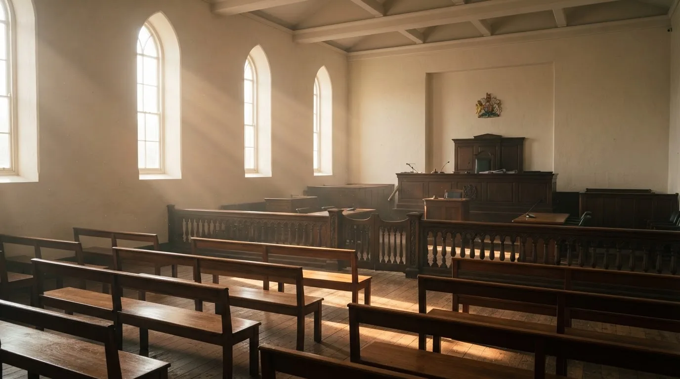 Una sala de tribunal vacía con bancos de madera a la luz de la mañana