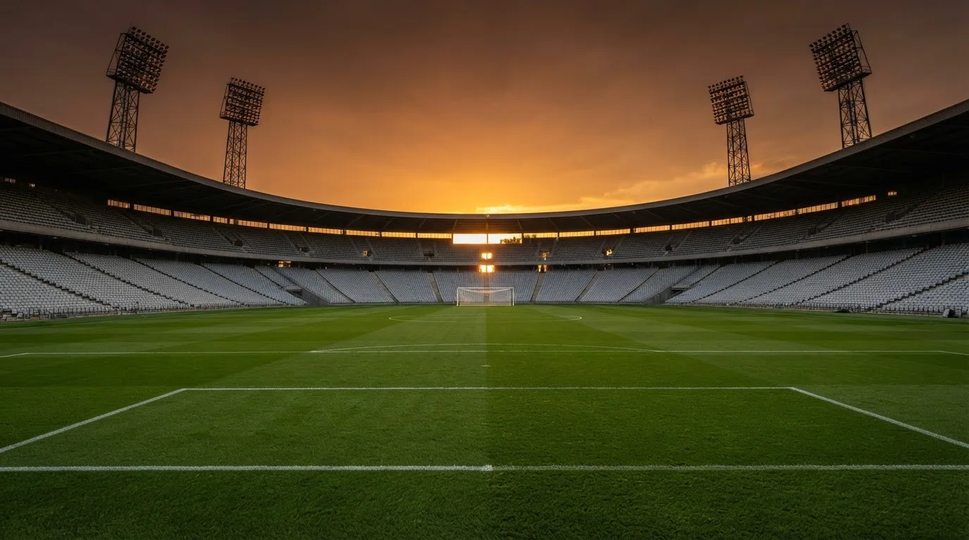 Un estadio de fútbol vacío con torres de iluminación al atardecer