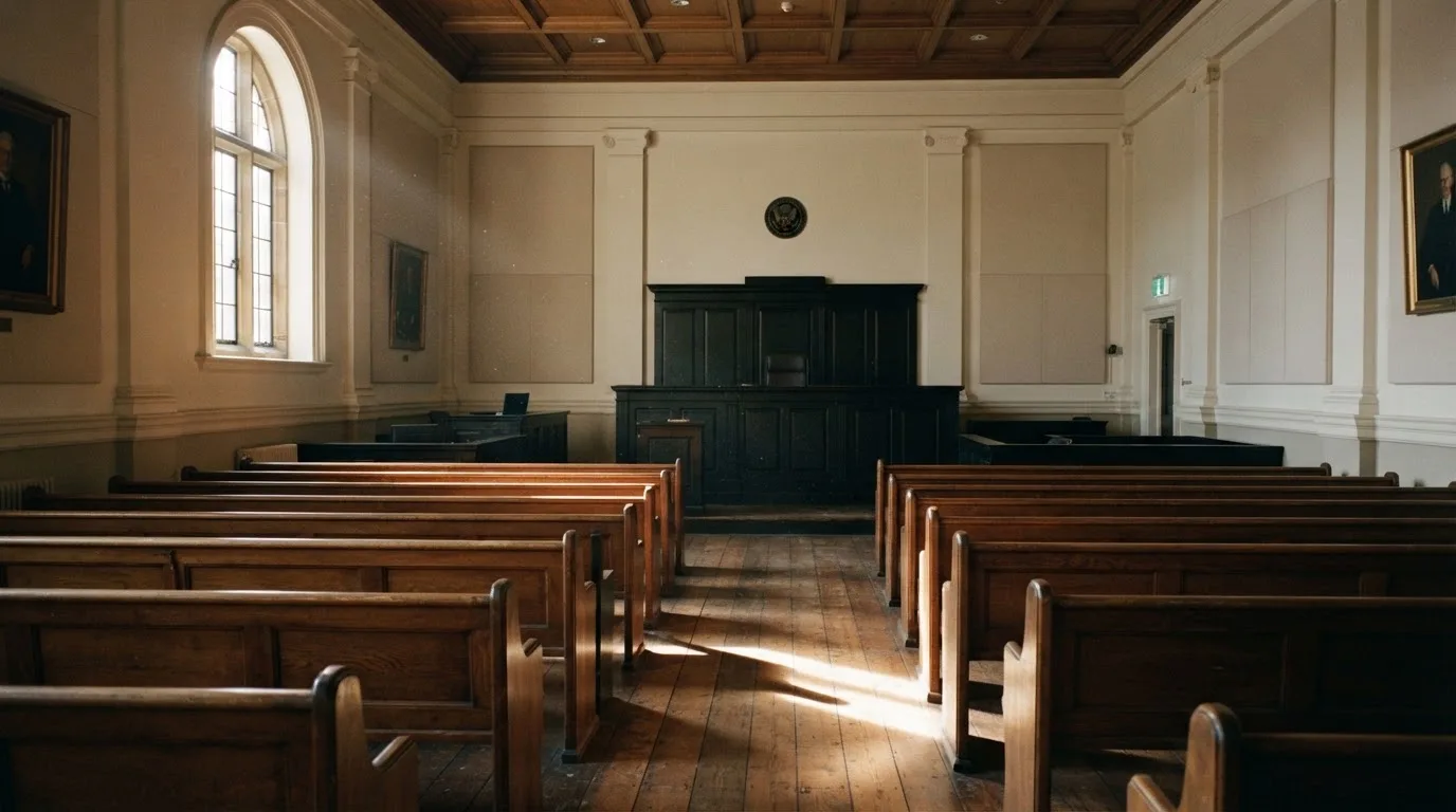 Una sala de tribunal vacía con bancos de madera a la luz de la mañana