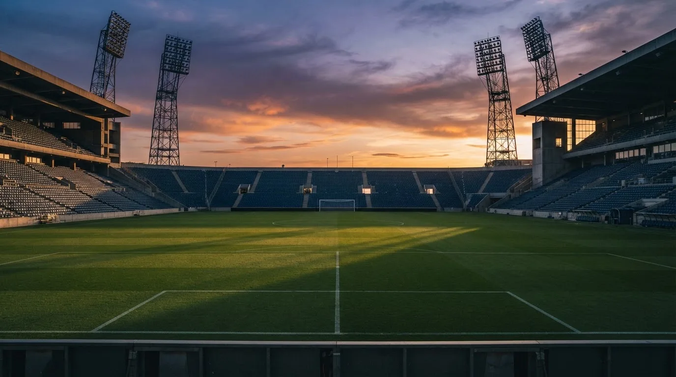 Un estadio de fútbol vacío con torres de iluminación al atardecer