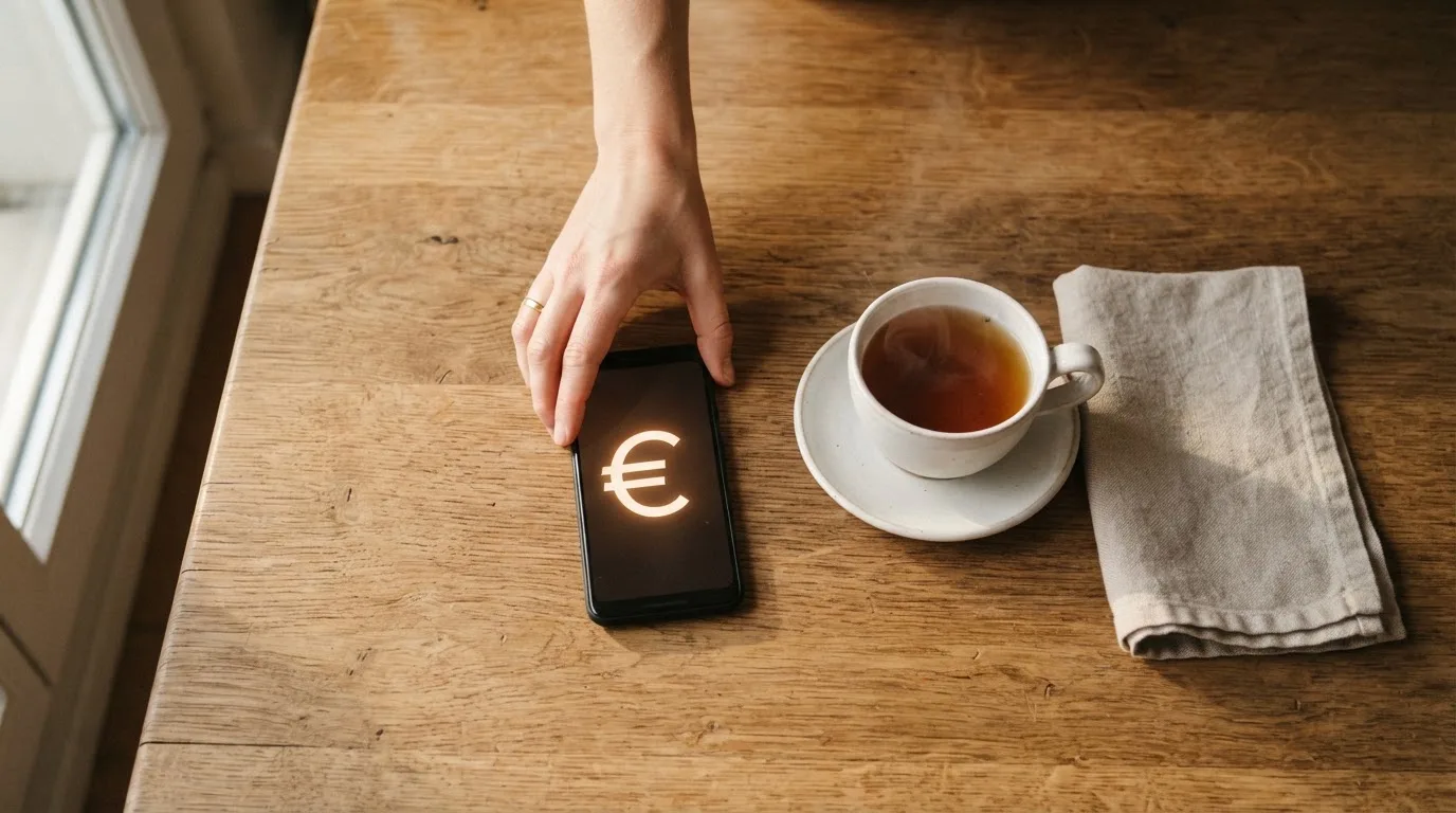 Una mano deja un móvil junto a una taza de té sobre la mesa de la cocina, una tarde tranquila