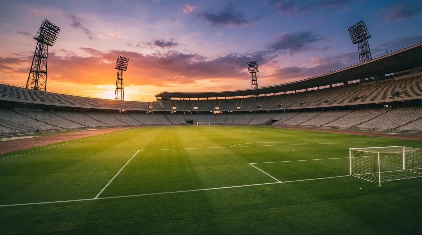 Un estadio de fútbol vacío con torres de iluminación al atardecer