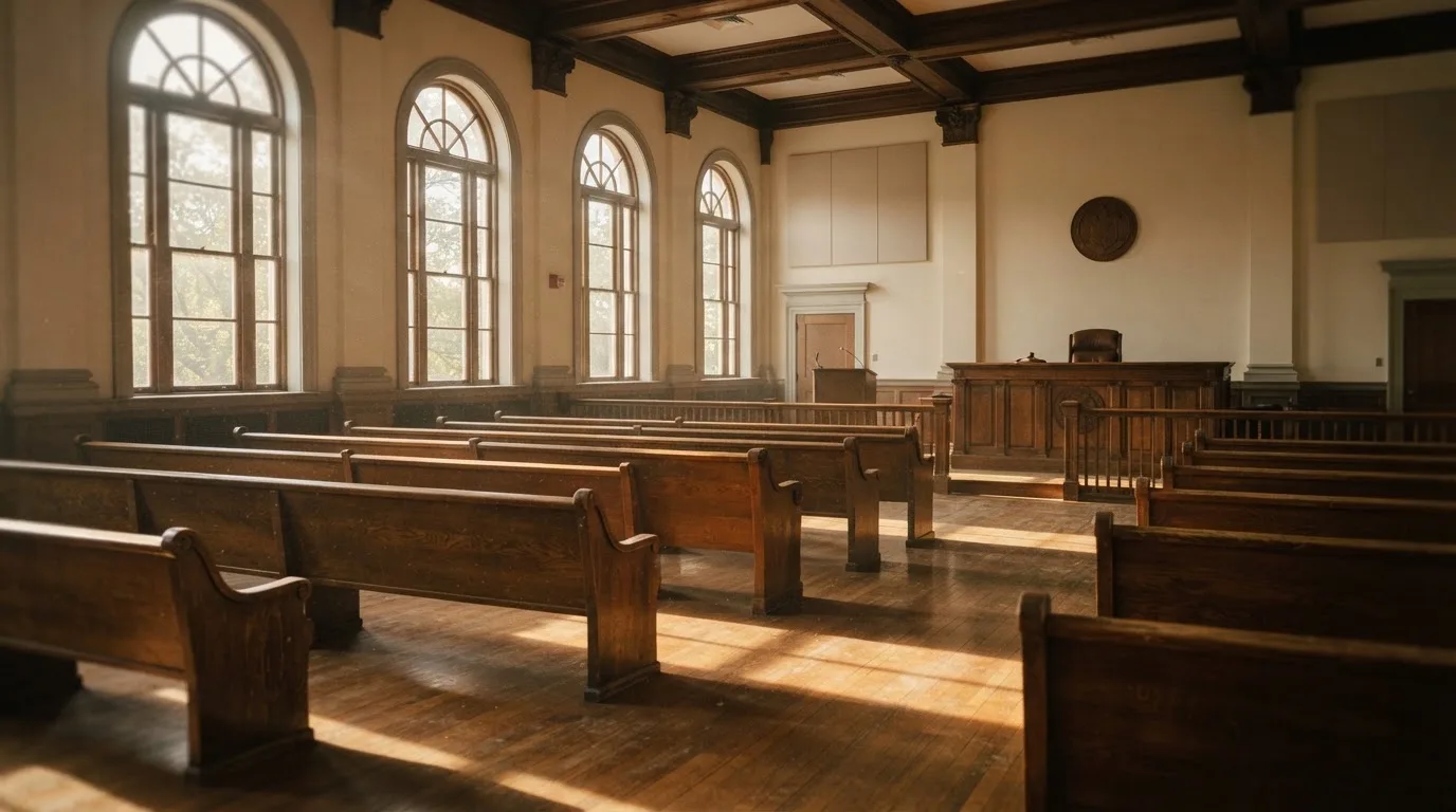 Una sala de tribunal vacía con bancos de madera a la luz de la mañana