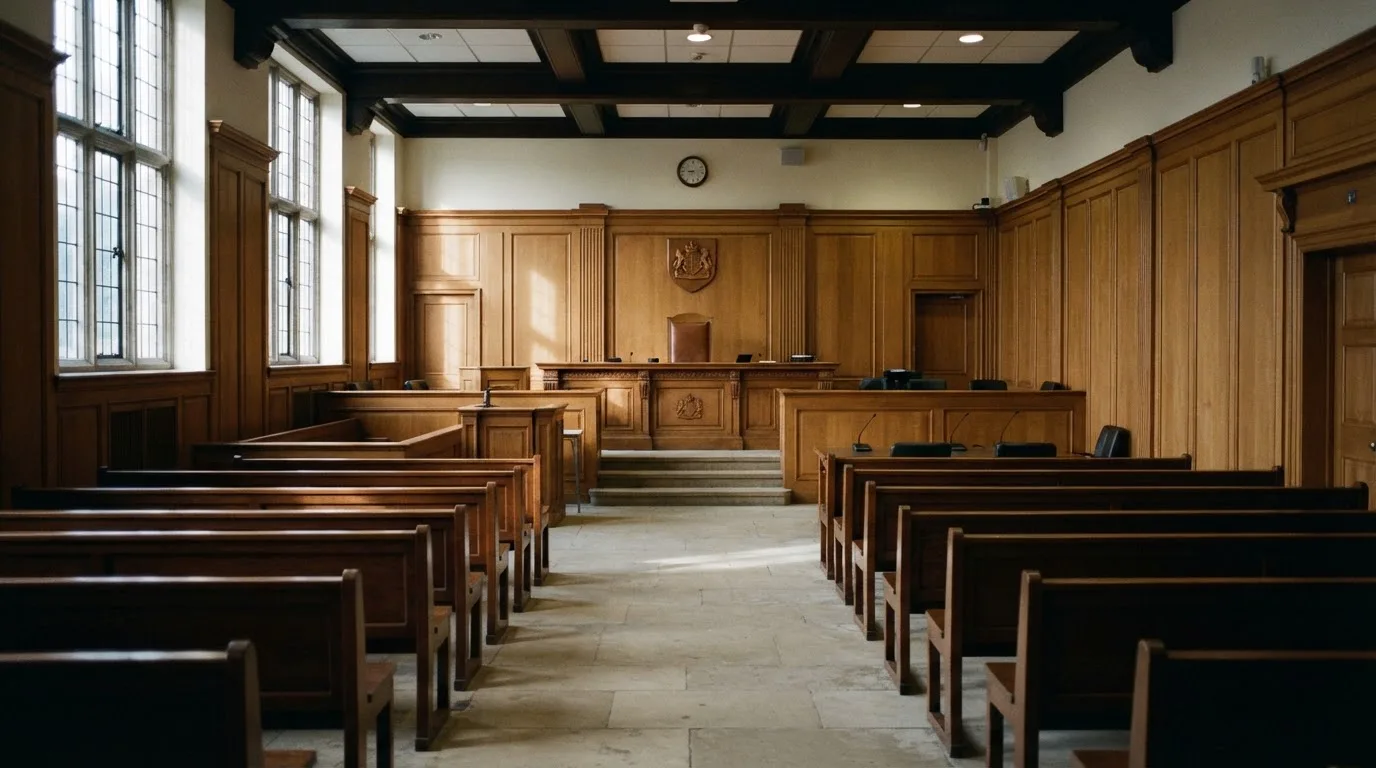 Una sala de tribunal vacía con bancos de madera a la luz de la mañana