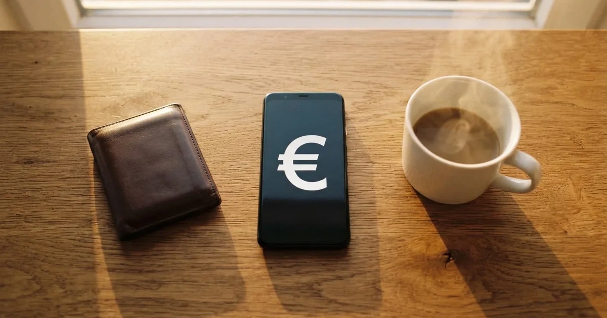 Un móvil sobre una mesa de madera junto a una cartera y una taza de café
