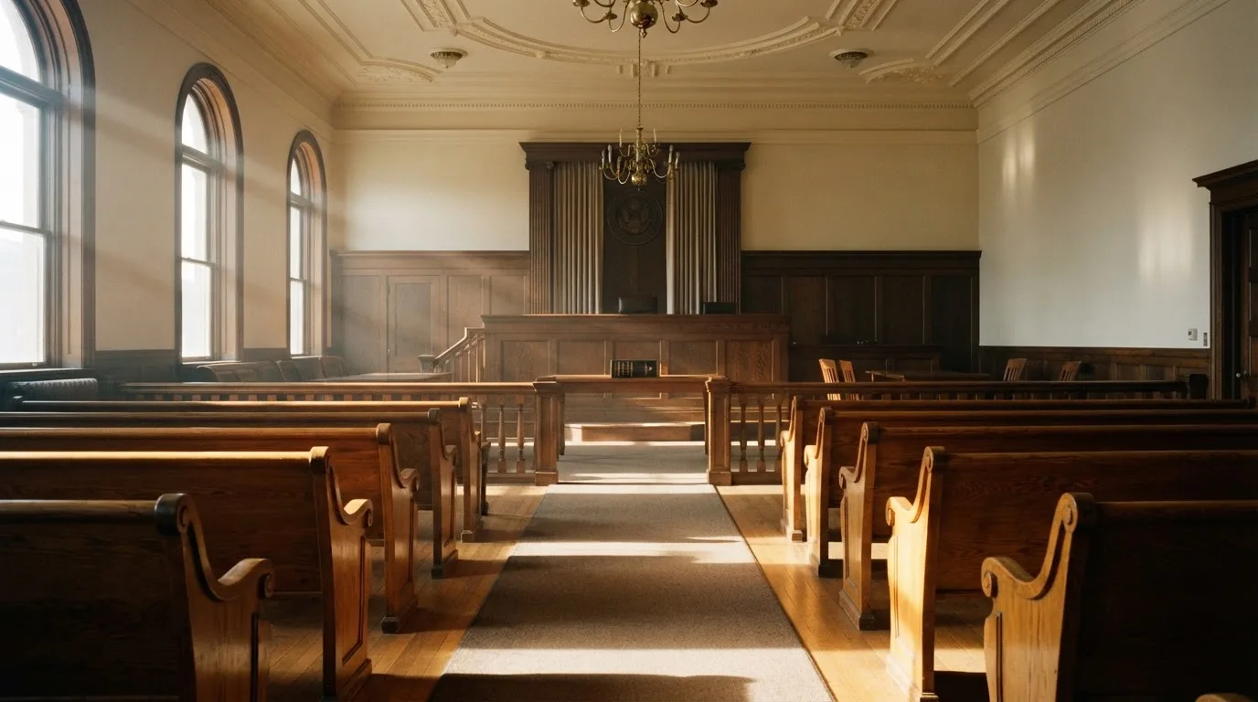 Una sala de tribunal vacía con bancos de madera a la luz de la mañana
