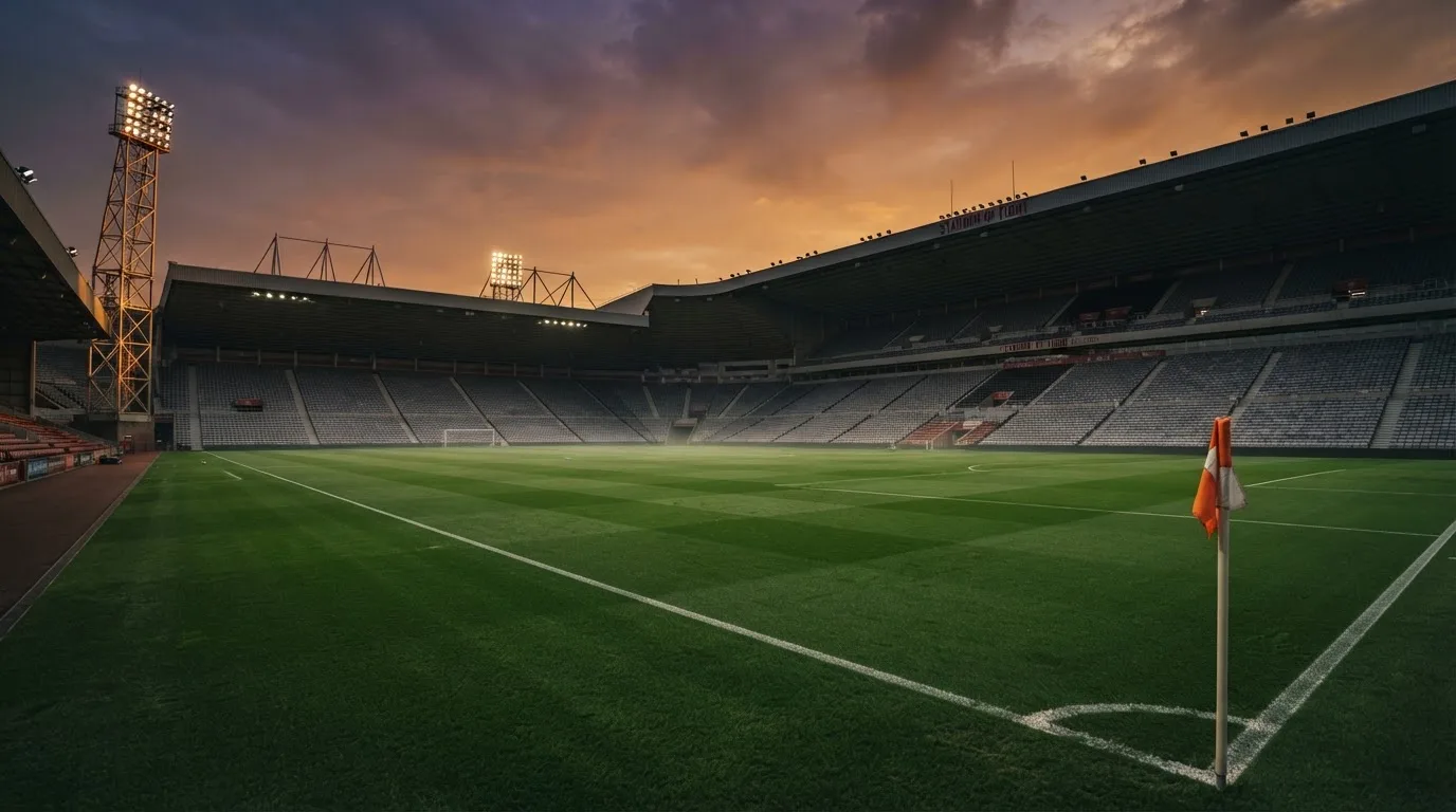 Un estadio de fútbol vacío con torres de iluminación al atardecer