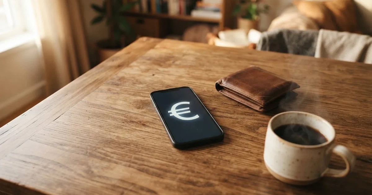 Un móvil sobre una mesa de madera junto a una cartera y una taza de café