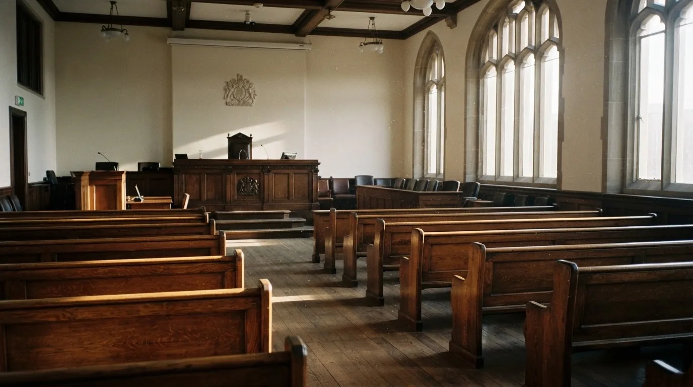 Una sala de tribunal vacía con bancos de madera a la luz de la mañana