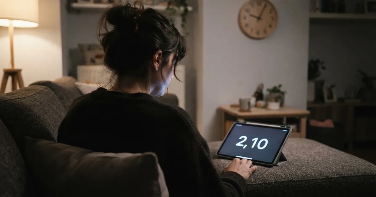 Una persona en el sofá mira pensativa una tableta, con un reloj de pared al fondo