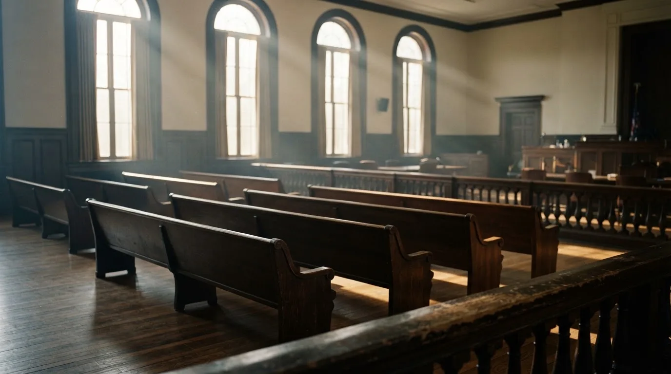Una sala de tribunal vacía con bancos de madera a la luz de la mañana