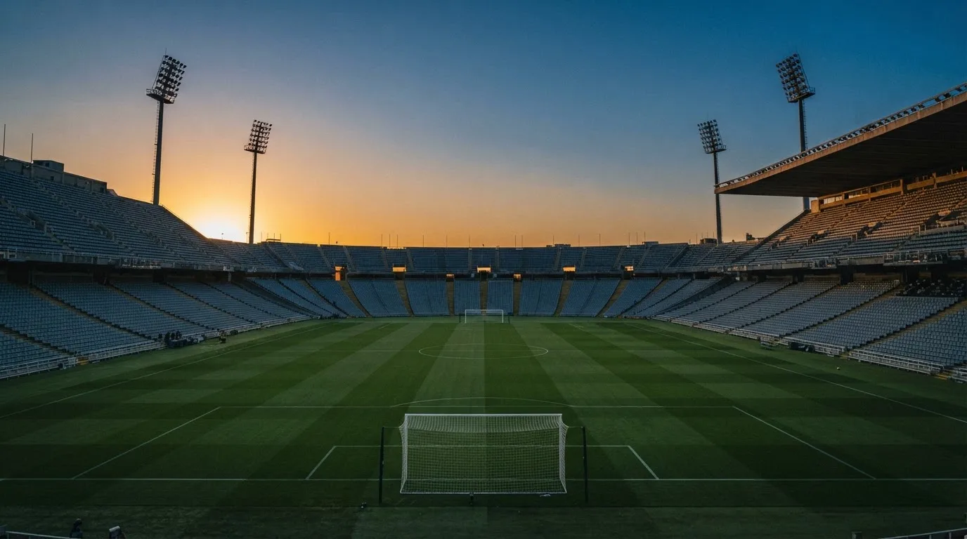 Un estadio de fútbol vacío con torres de iluminación al atardecer
