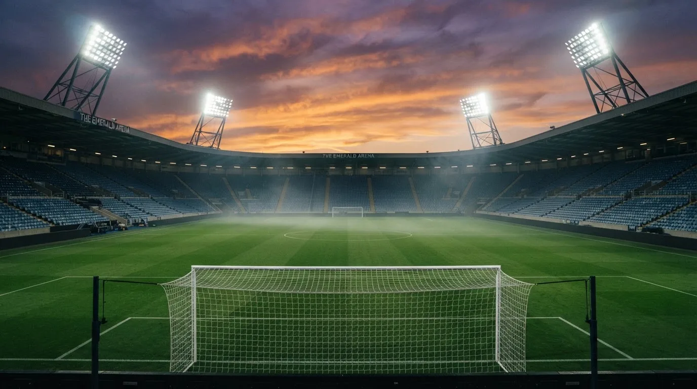 Un estadio de fútbol vacío con torres de iluminación al atardecer