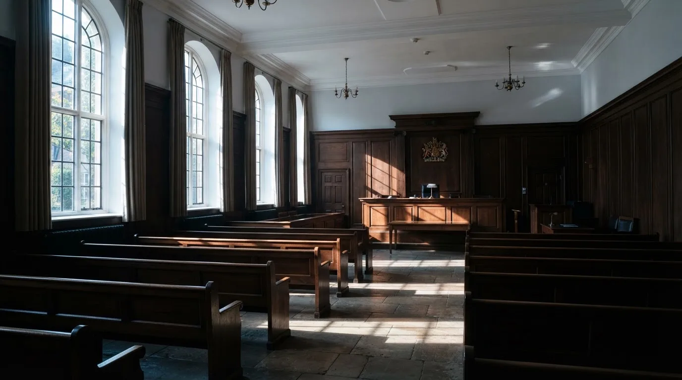 Una sala de tribunal vacía con bancos de madera a la luz de la mañana