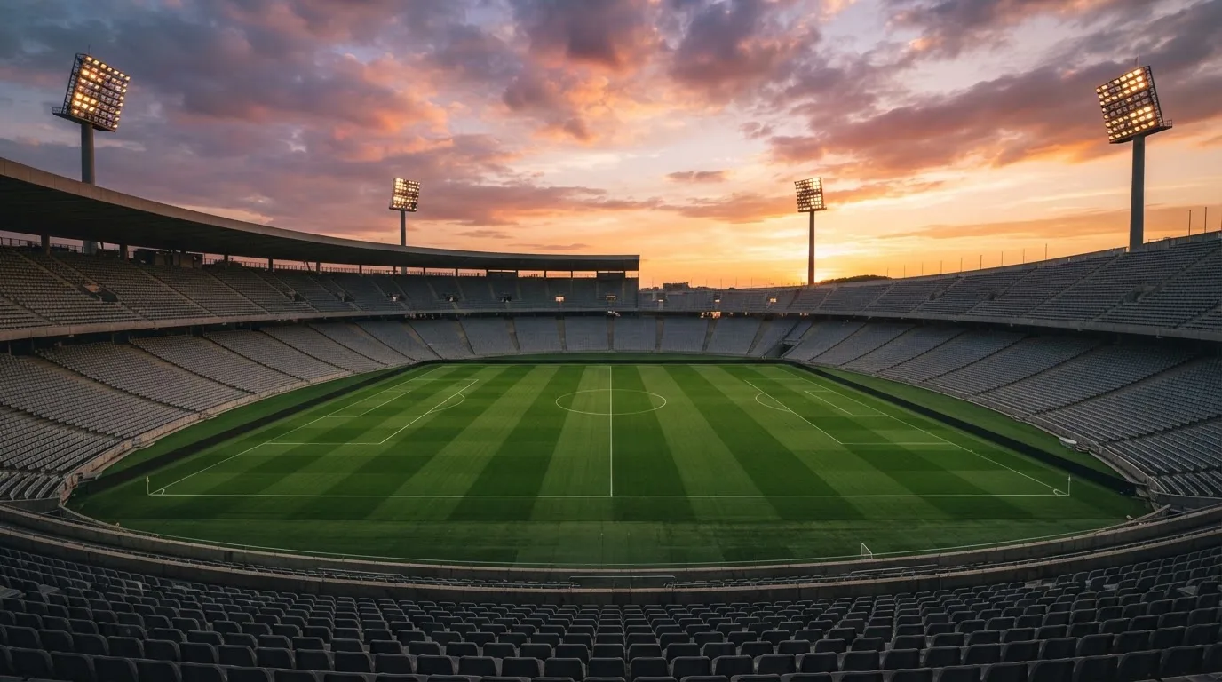 Un estadio de fútbol vacío con torres de iluminación al atardecer