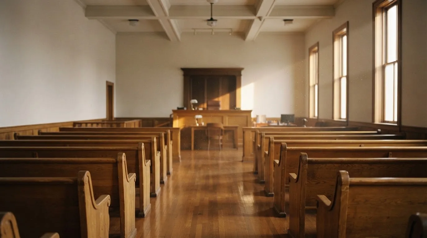 Una sala de tribunal vacía con bancos de madera a la luz de la mañana