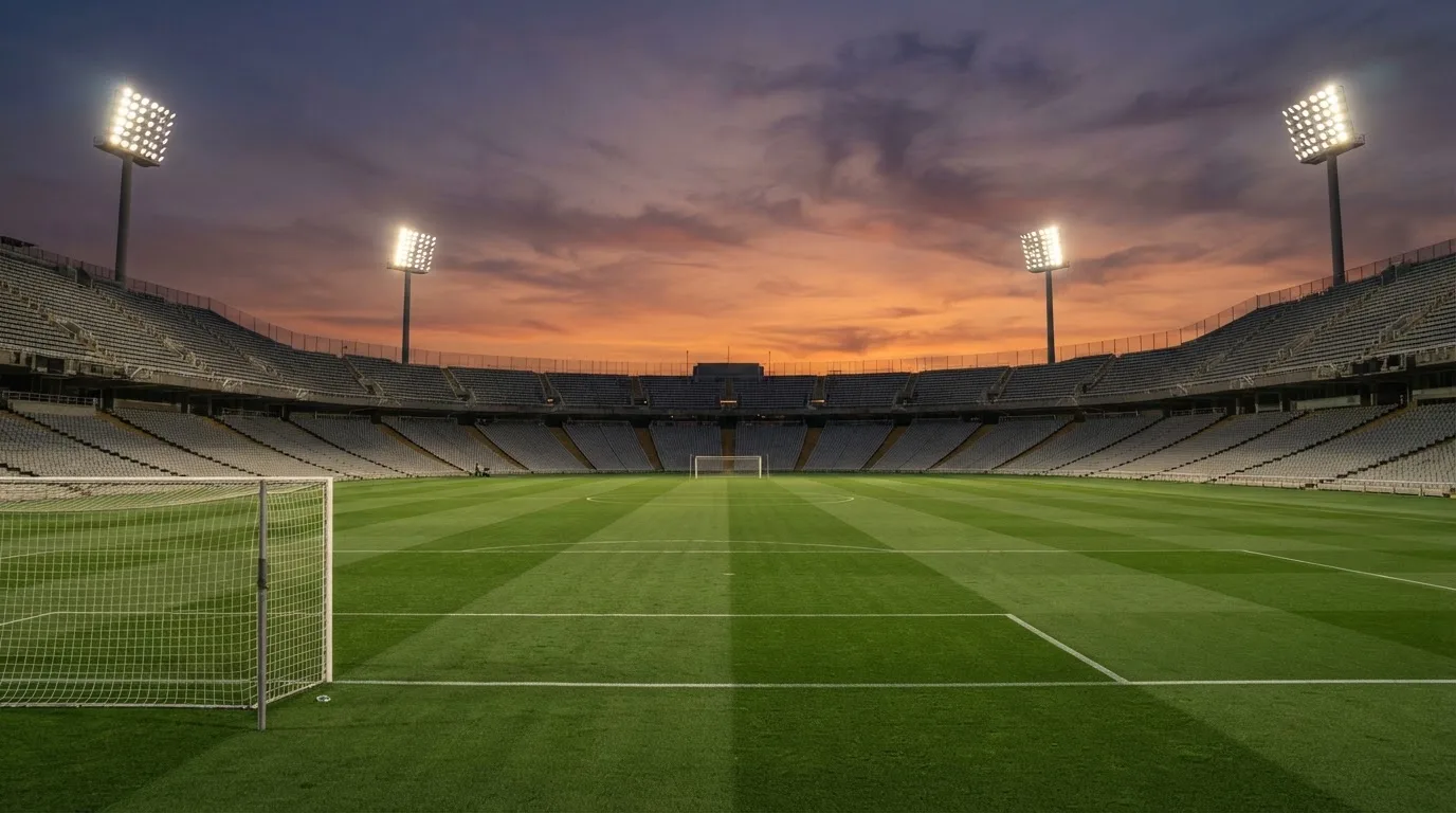 Un estadio de fútbol vacío con torres de iluminación al atardecer