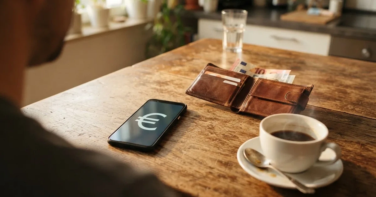Un móvil sobre una mesa de madera junto a una cartera y una taza de café