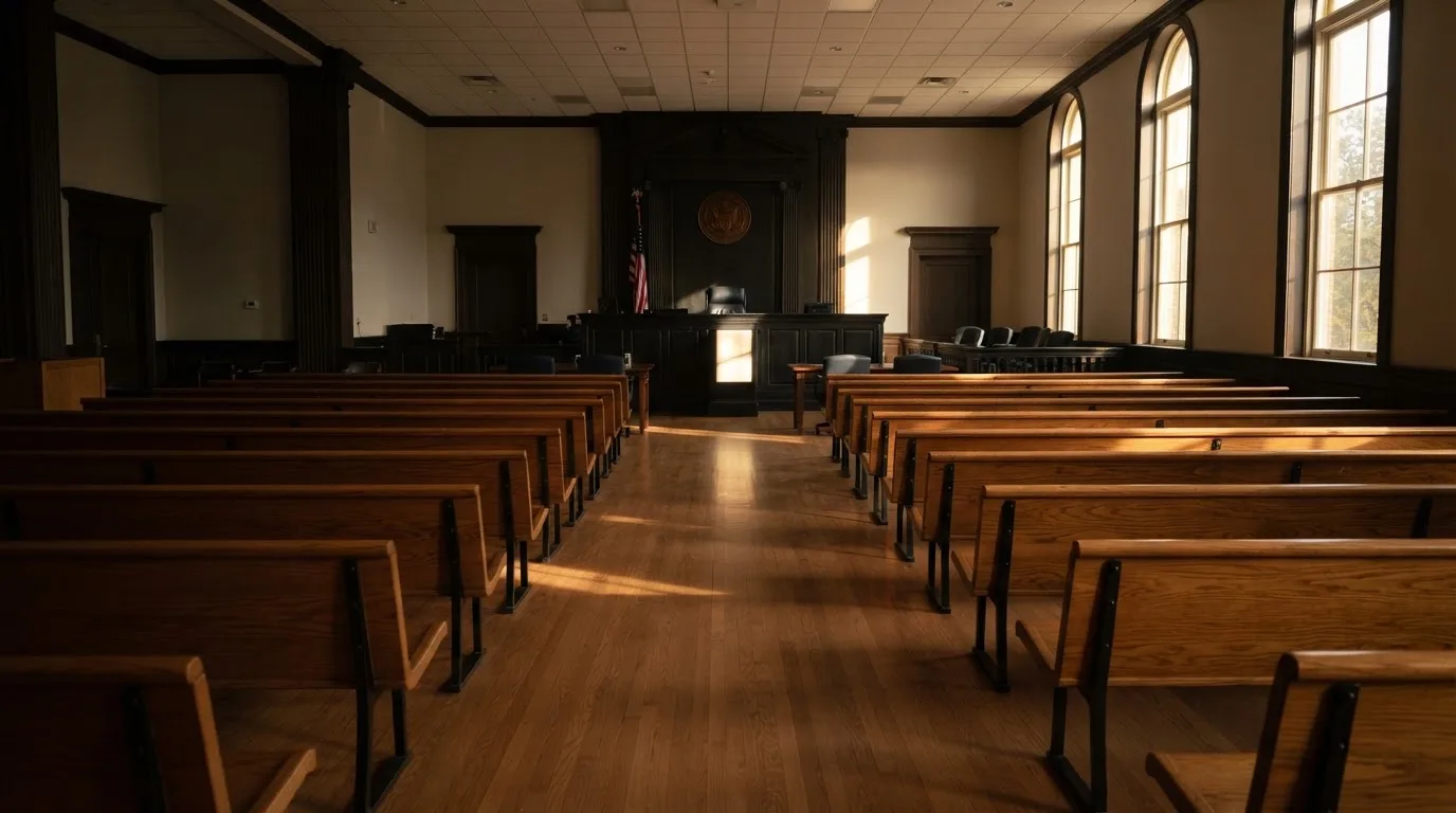 Una sala de tribunal vacía con bancos de madera a la luz de la mañana