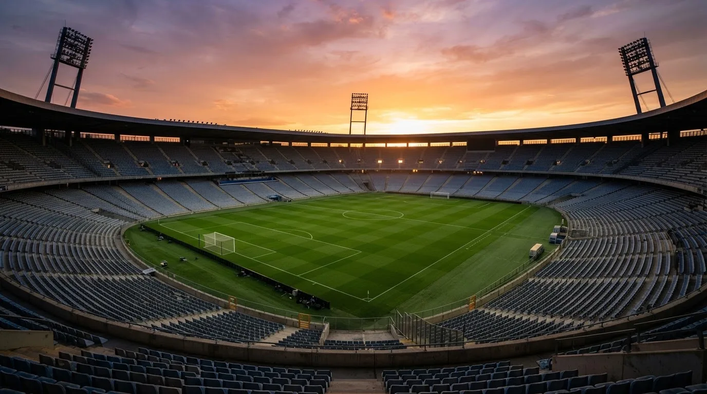 Un estadio de fútbol vacío con torres de iluminación al atardecer